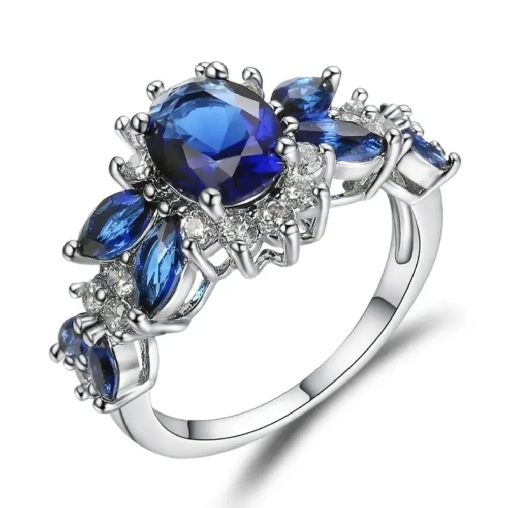 New Blue Sapphire CZ Halo Ring Silver Tone Oval Statement Cocktail Ring, T1B1D